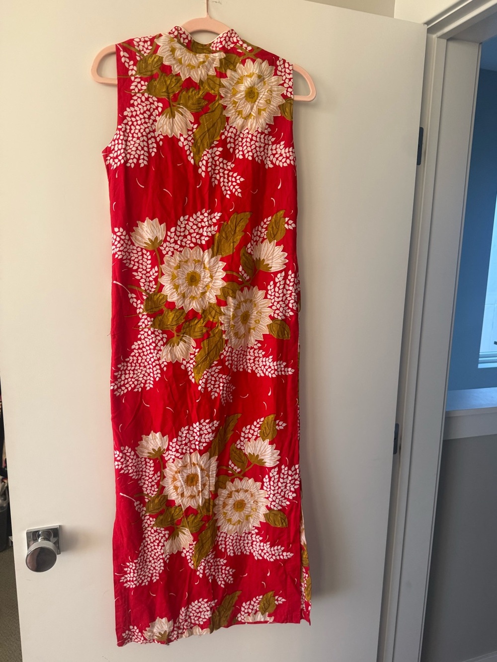 Vibrant red vintage 1960's Penney's Adonna floral Hawaiian maxi dress